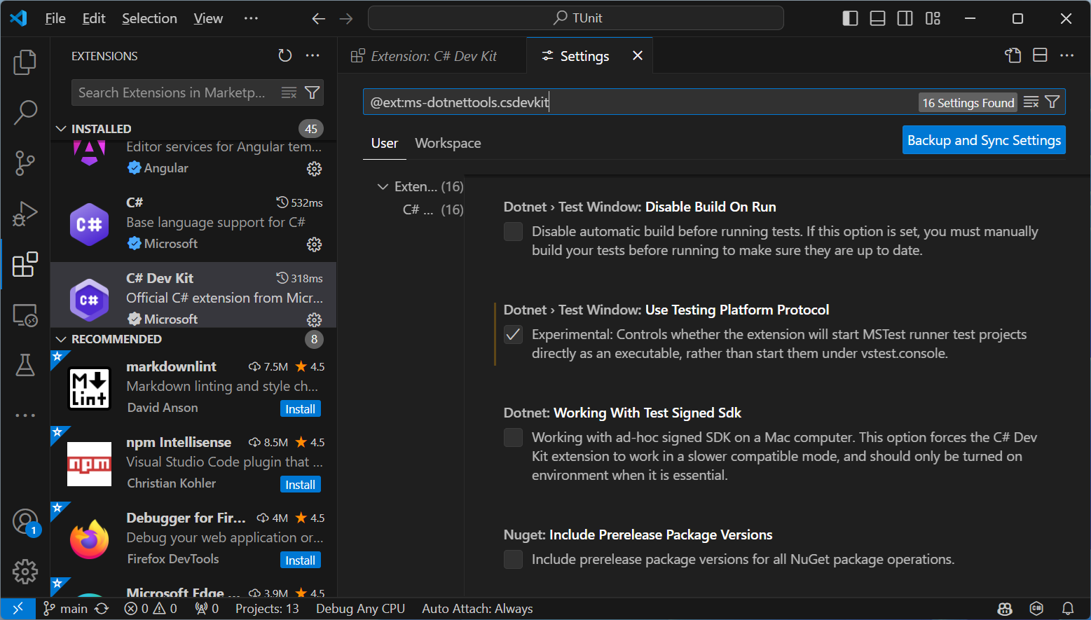 Rider TUnit Settings Image